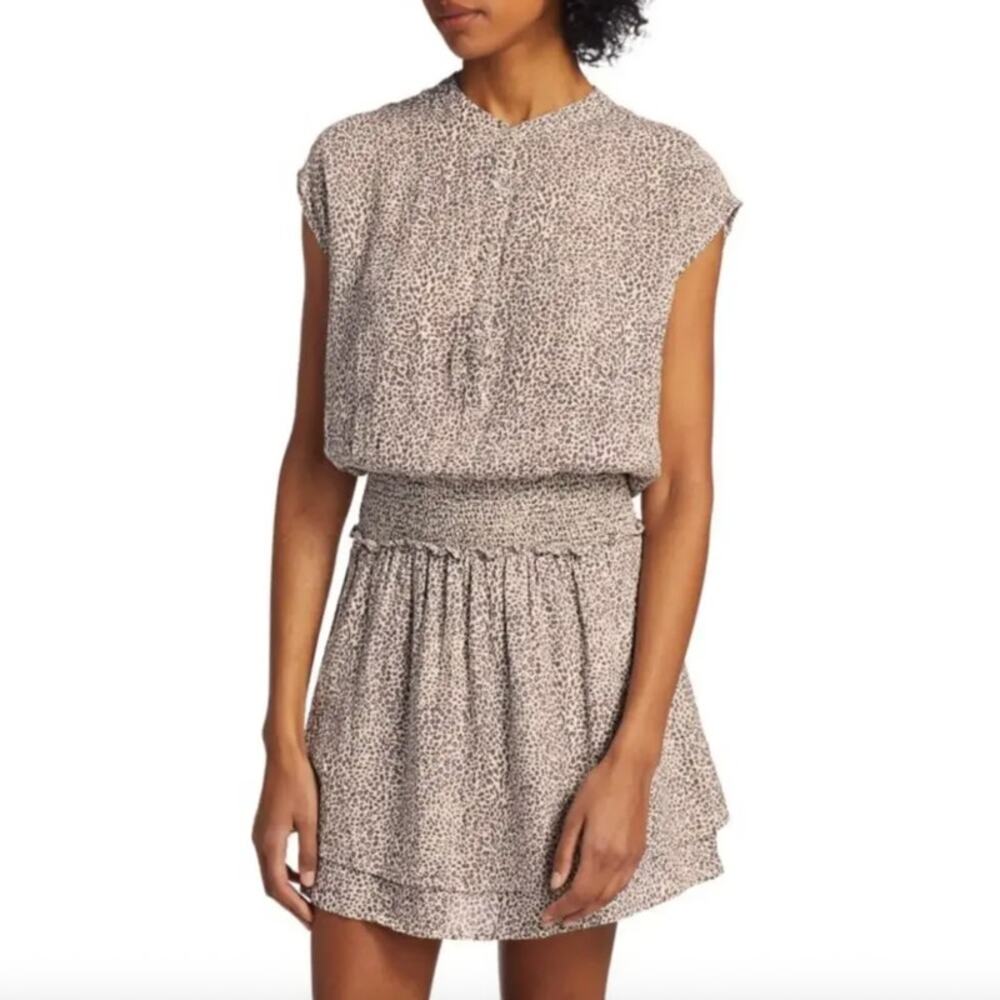 Rails Angelina Sand Cheetah Linen Blend Mini Dress Size XS Smocked Waist Casual
